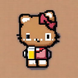 A pixel art image of a tan Hello Kitty holding a beer