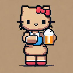 A pixel art image of a tan Hello Kitty holding a beer