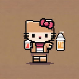 This is a pixel art image showcasing a tan-colored Hello Kitty holding a beer bottle