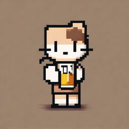 This is a pixel art image showcasing a tan-colored Hello Kitty holding a beer bottle