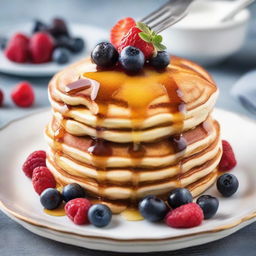 A decadent, gourmet pancake stack loaded with fresh berries, creamy butter, and drenched in rich, golden syrup. It's served on a fine china plate with a silver fork beside it, embodying the essence of a $10 pancake.