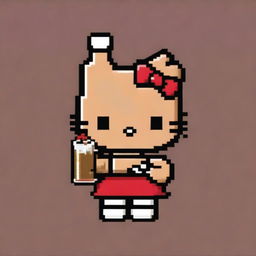 This is a pixel art image showcasing a tan-colored Hello Kitty holding a beer bottle