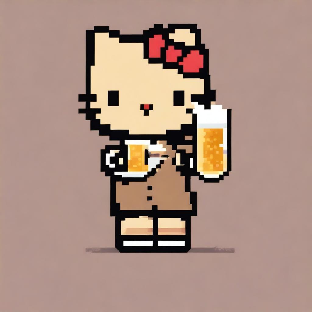 This is a pixel art image showcasing a tan-colored Hello Kitty holding a beer bottle