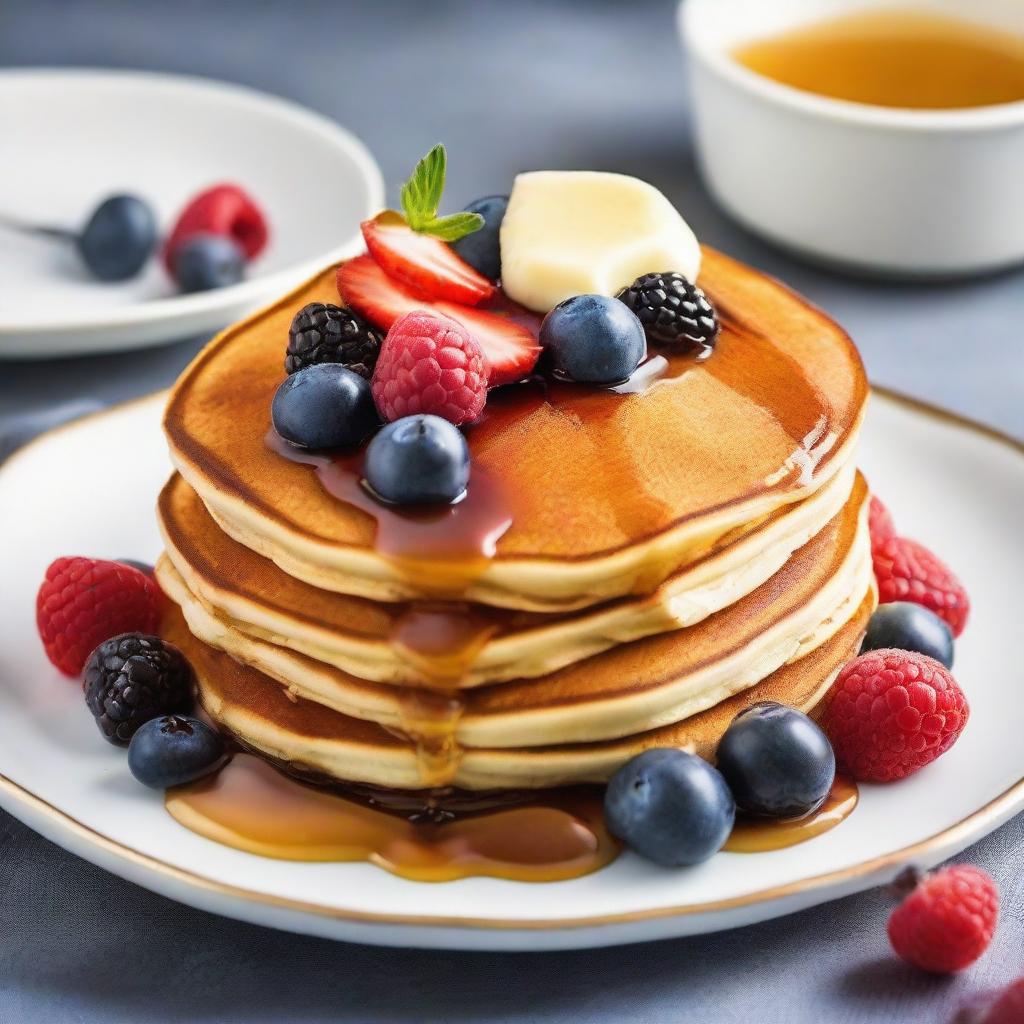 A decadent, gourmet pancake stack loaded with fresh berries, creamy butter, and drenched in rich, golden syrup. It's served on a fine china plate with a silver fork beside it, embodying the essence of a $10 pancake.