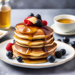 A decadent, gourmet pancake stack loaded with fresh berries, creamy butter, and drenched in rich, golden syrup. It's served on a fine china plate with a silver fork beside it, embodying the essence of a $10 pancake.