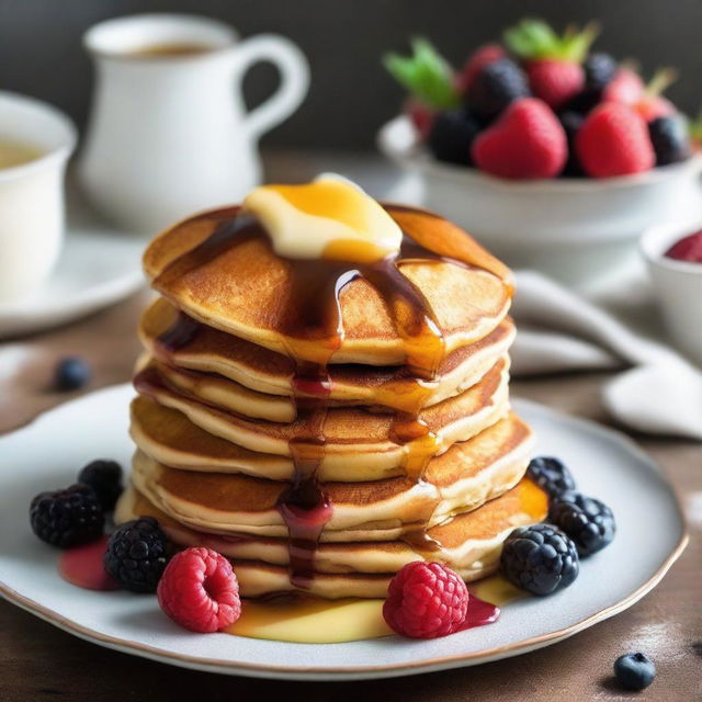 A decadent, gourmet pancake stack loaded with fresh berries, creamy butter, and drenched in rich, golden syrup. It's served on a fine china plate with a silver fork beside it, embodying the essence of a $10 pancake.