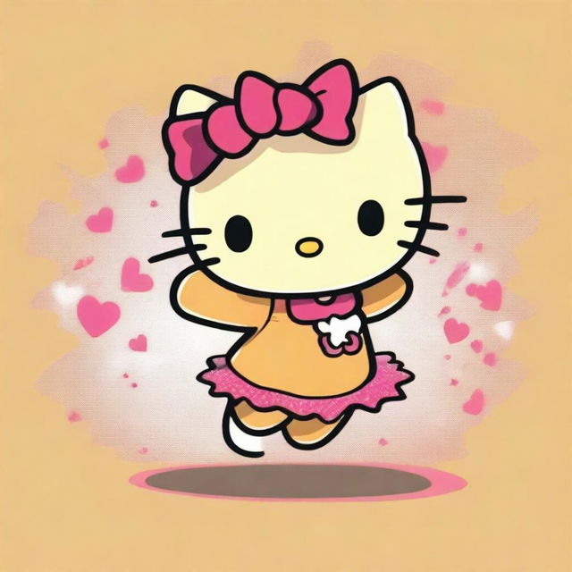 A high-quality digital art image capturing a tan Hello Kitty in mid-dance