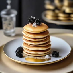 An incredibly luxurious pancake stack adorned with shaved truffle, gold leaf garnishing, dotted with caviar, and sprinkled lightly with quartz sugar crystals. Served on an intricate artisanal dish, symbolizing a $100 pancake