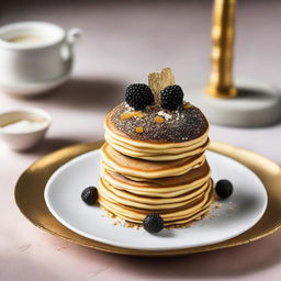 An incredibly luxurious pancake stack adorned with shaved truffle, gold leaf garnishing, dotted with caviar, and sprinkled lightly with quartz sugar crystals. Served on an intricate artisanal dish, symbolizing a $100 pancake