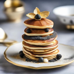 An incredibly luxurious pancake stack adorned with shaved truffle, gold leaf garnishing, dotted with caviar, and sprinkled lightly with quartz sugar crystals. Served on an intricate artisanal dish, symbolizing a $100 pancake