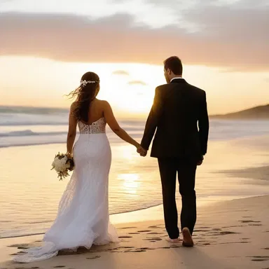 As the sun set, the golden rays irradiated the picturesque beach, setting a romantic backdrop for the couple's evening walk.