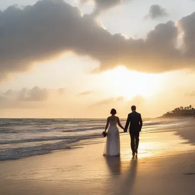 As the sun set, the golden rays irradiated the picturesque beach, setting a romantic backdrop for the couple's evening walk.