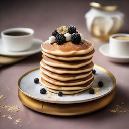 An incredibly luxurious pancake stack adorned with shaved truffle, gold leaf garnishing, dotted with caviar, and sprinkled lightly with quartz sugar crystals. Served on an intricate artisanal dish, symbolizing a $100 pancake