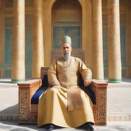 Historical figure, a majestic King of Bukhara adorned in traditional royal attire sitting on his throne, with resplendent architecture of the Bukhara palace in the background