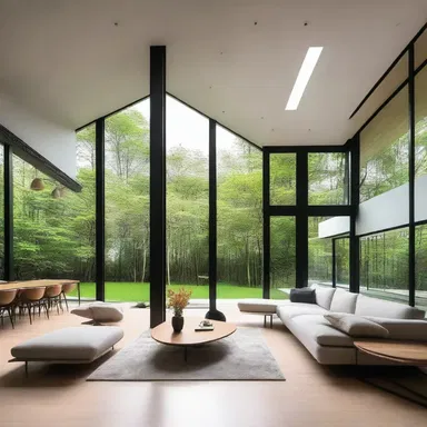 The modern and minimalist house design features large windows that irradiate every corner of the interior with spiritual insight and connect the residents with nature.