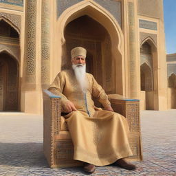 Historical figure, a majestic King of Bukhara adorned in traditional royal attire sitting on his throne, with resplendent architecture of the Bukhara palace in the background