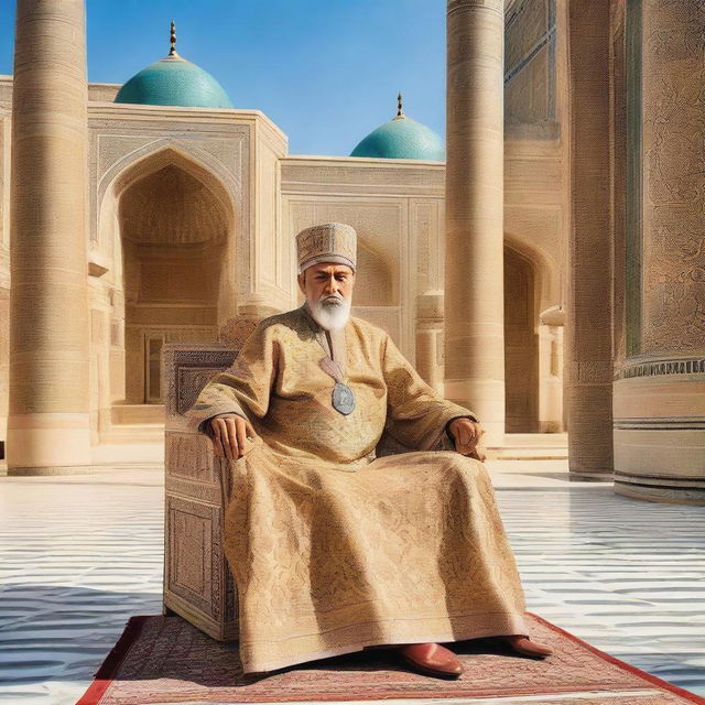 Historical figure, a majestic King of Bukhara adorned in traditional royal attire sitting on his throne, with resplendent architecture of the Bukhara palace in the background