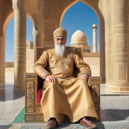 Historical figure, a majestic King of Bukhara adorned in traditional royal attire sitting on his throne, with resplendent architecture of the Bukhara palace in the background