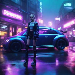 A beautiful young girl with futuristic outfit and cybernetic limbs stands next to a dark indigo blue Volkswagen New Beetle on a rainy cyberpunk dystopian street. The scene is illuminated by the mesmerizing neon glow.