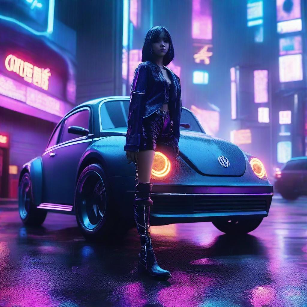 A beautiful young girl with futuristic outfit and cybernetic limbs stands next to a dark indigo blue Volkswagen New Beetle on a rainy cyberpunk dystopian street. The scene is illuminated by the mesmerizing neon glow.