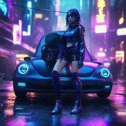 A beautiful young girl with futuristic outfit and cybernetic limbs stands next to a dark indigo blue Volkswagen New Beetle on a rainy cyberpunk dystopian street. The scene is illuminated by the mesmerizing neon glow.