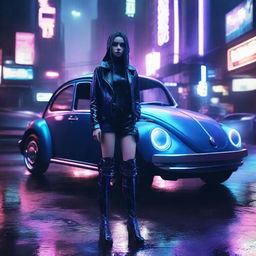 A beautiful young girl with futuristic outfit and cybernetic limbs stands next to a dark indigo blue Volkswagen New Beetle on a rainy cyberpunk dystopian street. The scene is illuminated by the mesmerizing neon glow.