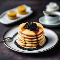 An exceptional pancake stack, exquisitely presented with rare ingredients like edible diamonds and platinum flakes, accompanied by a side of black caviar. Served on an antique royal porcelain plate, showcasing the worth of a $10,000 pancake.