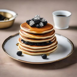 An exceptional pancake stack, exquisitely presented with rare ingredients like edible diamonds and platinum flakes, accompanied by a side of black caviar. Served on an antique royal porcelain plate, showcasing the worth of a $10,000 pancake.