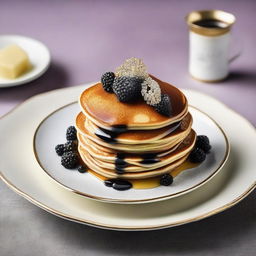 An exceptional pancake stack, exquisitely presented with rare ingredients like edible diamonds and platinum flakes, accompanied by a side of black caviar. Served on an antique royal porcelain plate, showcasing the worth of a $10,000 pancake.