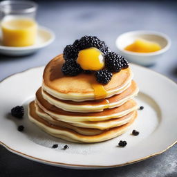 An exceptional pancake stack, exquisitely presented with rare ingredients like edible diamonds and platinum flakes, accompanied by a side of black caviar. Served on an antique royal porcelain plate, showcasing the worth of a $10,000 pancake.