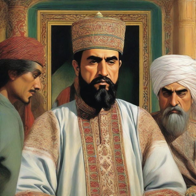 Emir of Bukhara, Amir Olimkhan, depicted in a tense scene, his brows furrowed and lips tight showcasing his bitterness, set against the backdrop of his royal court in Bukhara.