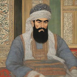 Emir of Bukhara, Amir Olimkhan, depicted in a tense scene, his brows furrowed and lips tight showcasing his bitterness, set against the backdrop of his royal court in Bukhara.