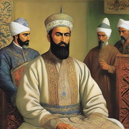 Emir of Bukhara, Amir Olimkhan, depicted in a tense scene, his brows furrowed and lips tight showcasing his bitterness, set against the backdrop of his royal court in Bukhara.