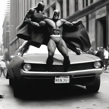 As the superhero battled the villain, he used his super strength to flip over a car and protect innocent bystanders.