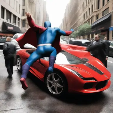 As the superhero battled the villain, he used his super strength to flip over a car and protect innocent bystanders.