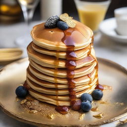 An extraordinary, one-of-a-kind pancake stack, embedded with precious gemstones and dusted with 24K gold and platinum flakes. Drizzled with a sauce made from rarest aged spirits and served on an antique, diamond-studded pure gold platter, representing the extravagance of a $1,000,000 pancake.