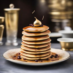 An extraordinary, one-of-a-kind pancake stack, embedded with precious gemstones and dusted with 24K gold and platinum flakes. Drizzled with a sauce made from rarest aged spirits and served on an antique, diamond-studded pure gold platter, representing the extravagance of a $1,000,000 pancake.