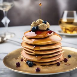 An extraordinary, one-of-a-kind pancake stack, embedded with precious gemstones and dusted with 24K gold and platinum flakes. Drizzled with a sauce made from rarest aged spirits and served on an antique, diamond-studded pure gold platter, representing the extravagance of a $1,000,000 pancake.