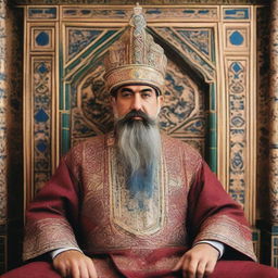 Emir of Bukhara, Amir Olimxon, positioned majestically in traditional royal attire, his face demonstrating determination and majesty as he rules his domain from an elaborately carved throne in Bukhara.