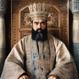 Emir of Bukhara, Amir Olimxon, positioned majestically in traditional royal attire, his face demonstrating determination and majesty as he rules his domain from an elaborately carved throne in Bukhara.