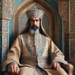 Emir of Bukhara, Amir Olimxon, positioned majestically in traditional royal attire, his face demonstrating determination and majesty as he rules his domain from an elaborately carved throne in Bukhara.