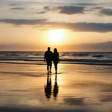 The couple took a romantic walk along the beach, admiring the optical illusion of the setting sun on the water.