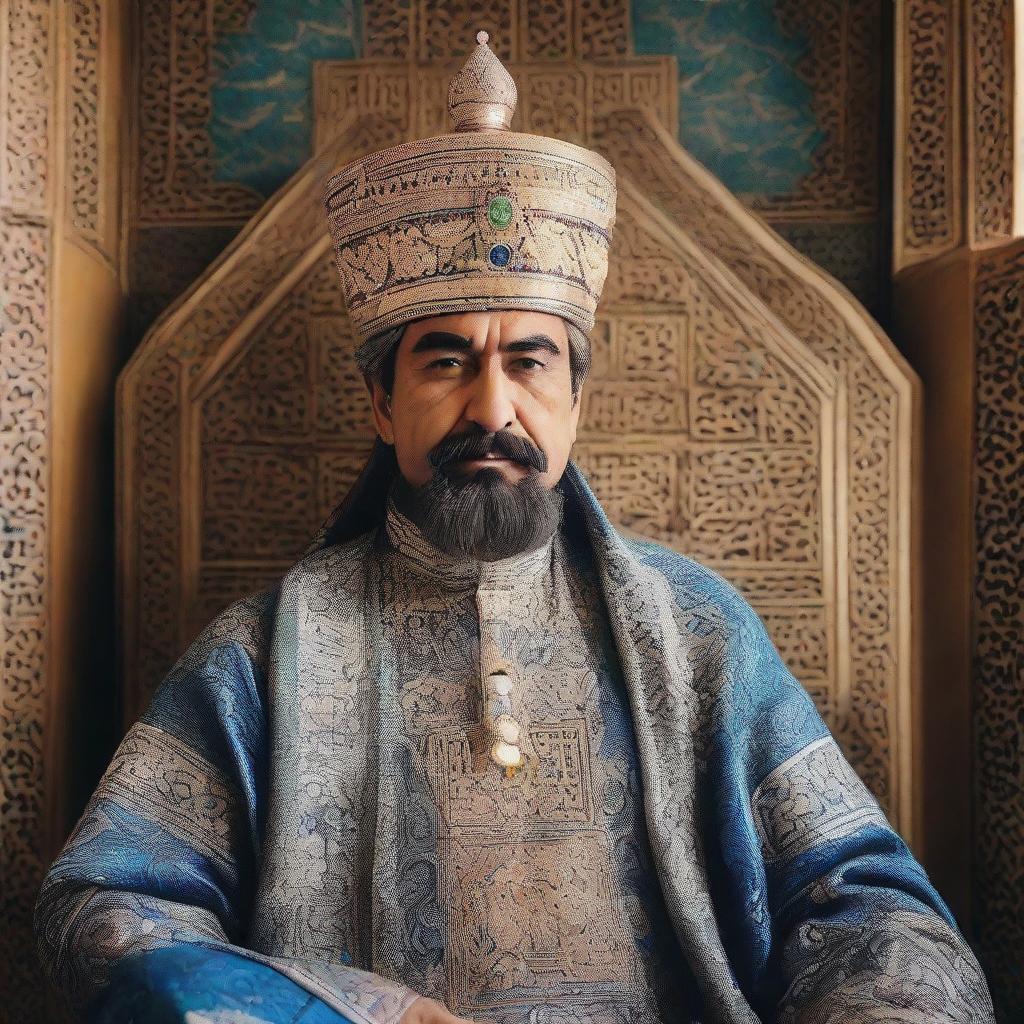 Emir of Bukhara, Amir Olimxon, positioned majestically in traditional royal attire, his face demonstrating determination and majesty as he rules his domain from an elaborately carved throne in Bukhara.