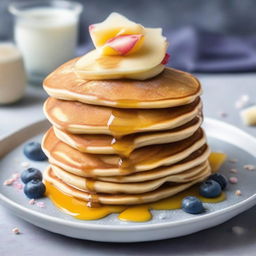 A timeless masterpiece pancake stack, garnished with elements beyond value like stardust, sprinkled with unicorn tears, and drizzled with ambrosia. Served on a celestial platter crafted from pure moonbeam, encapsulating the quality of a priceless pancake.