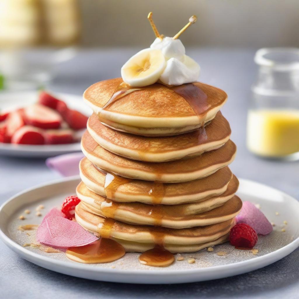 A timeless masterpiece pancake stack, garnished with elements beyond value like stardust, sprinkled with unicorn tears, and drizzled with ambrosia. Served on a celestial platter crafted from pure moonbeam, encapsulating the quality of a priceless pancake.