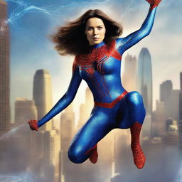 This image portrays Spiderwoman in a striking blue costume, dynamically poised against a cityscape backdrop dominated by towering Alchemax skyscrapers