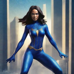 This image portrays Spiderwoman in a striking blue costume, dynamically poised against a cityscape backdrop dominated by towering Alchemax skyscrapers