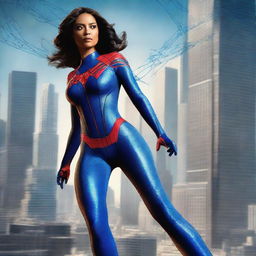 This image portrays Spiderwoman in a striking blue costume, dynamically poised against a cityscape backdrop dominated by towering Alchemax skyscrapers