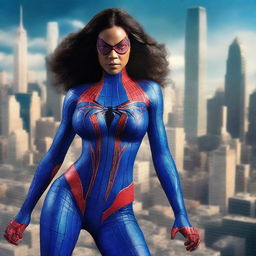 This image portrays Spiderwoman in a striking blue costume, dynamically poised against a cityscape backdrop dominated by towering Alchemax skyscrapers