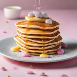 A timeless masterpiece pancake stack, garnished with elements beyond value like stardust, sprinkled with unicorn tears, and drizzled with ambrosia. Served on a celestial platter crafted from pure moonbeam, encapsulating the quality of a priceless pancake.